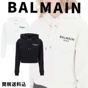 BALMAIN  |Long Sleeves Plain Cotton Logo Hoodies & Sweatshirts