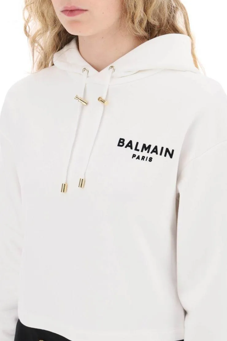 BALMAIN  |Long Sleeves Plain Cotton Logo Hoodies & Sweatshirts