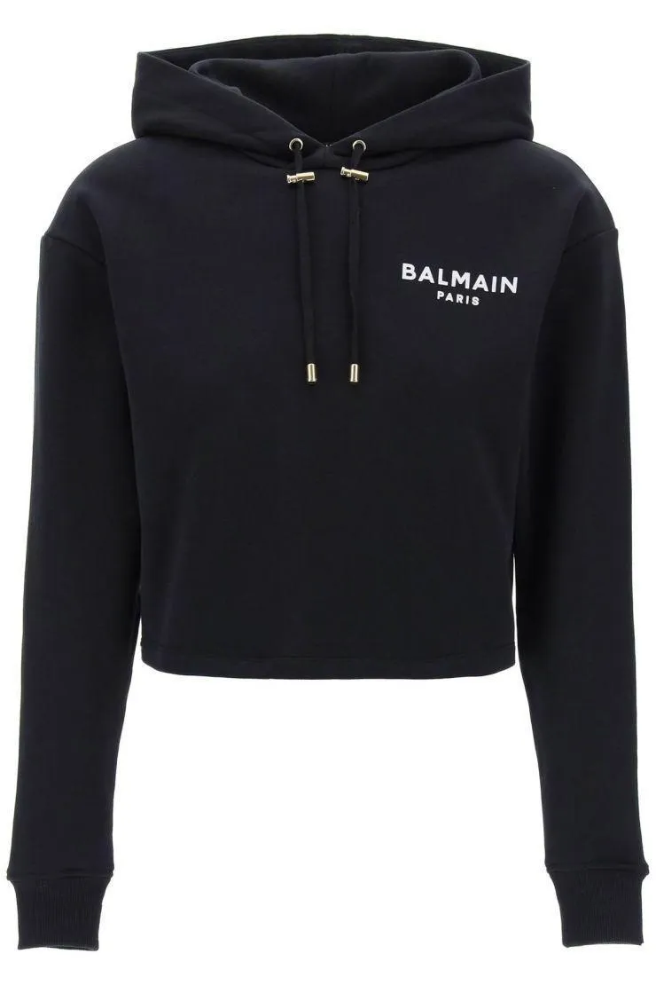 BALMAIN  |Long Sleeves Plain Cotton Logo Hoodies & Sweatshirts