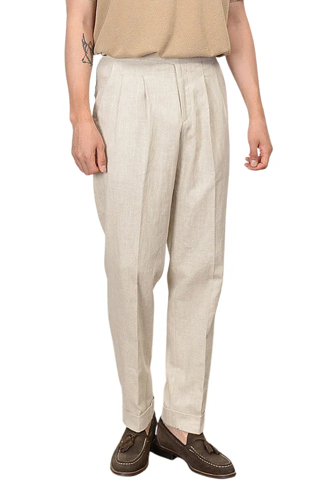 Beige Linen Two Tucked High Waist Trousers Mens Relaxed Pleated Pants