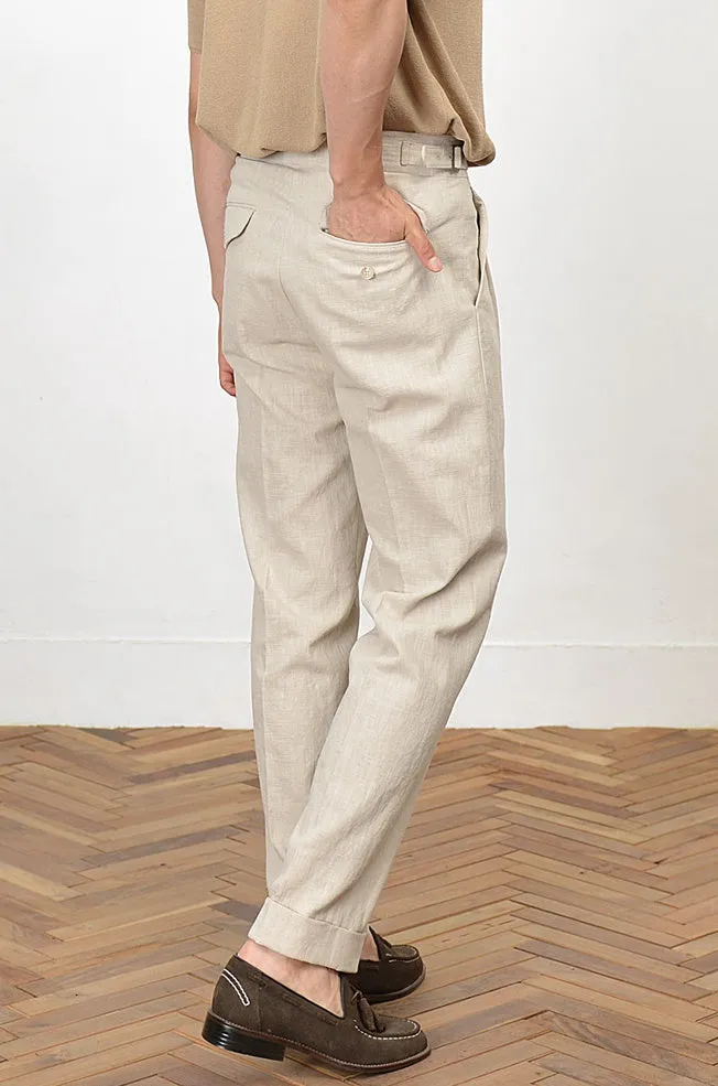 Beige Linen Two Tucked High Waist Trousers Mens Relaxed Pleated Pants