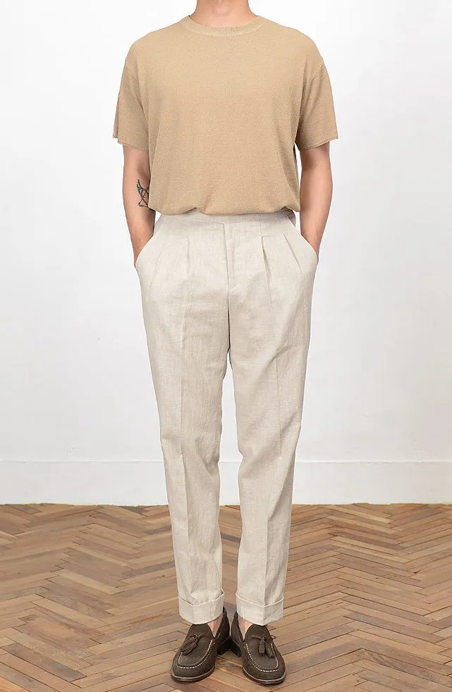 Beige Linen Two Tucked High Waist Trousers Mens Relaxed Pleated Pants