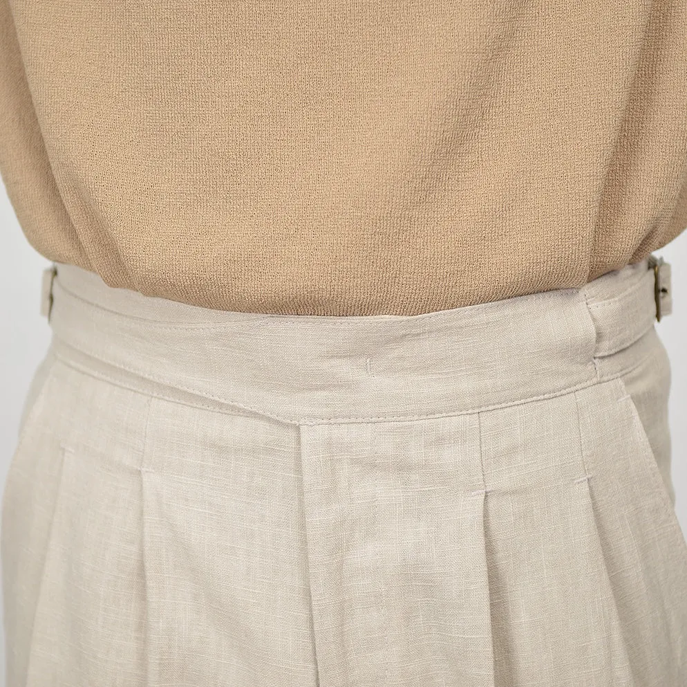 Beige Linen Two Tucked High Waist Trousers Mens Relaxed Pleated Pants