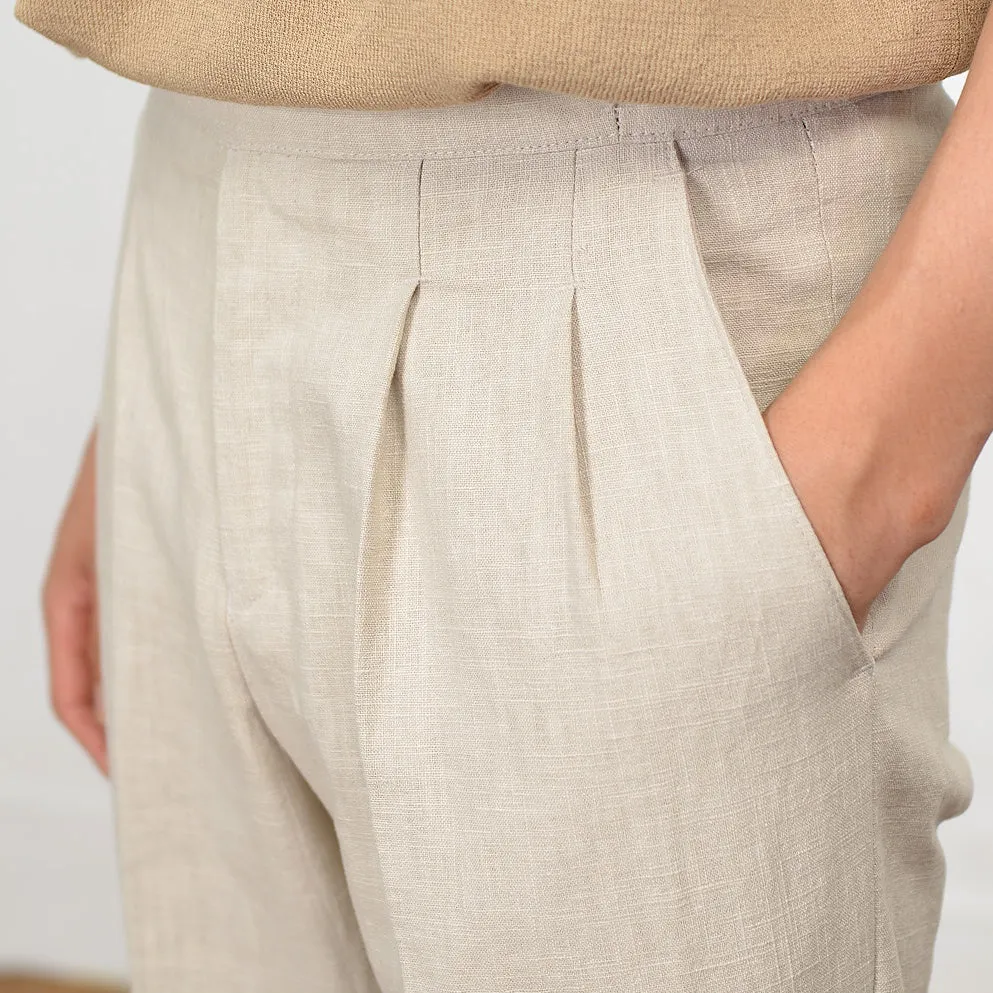 Beige Linen Two Tucked High Waist Trousers Mens Relaxed Pleated Pants