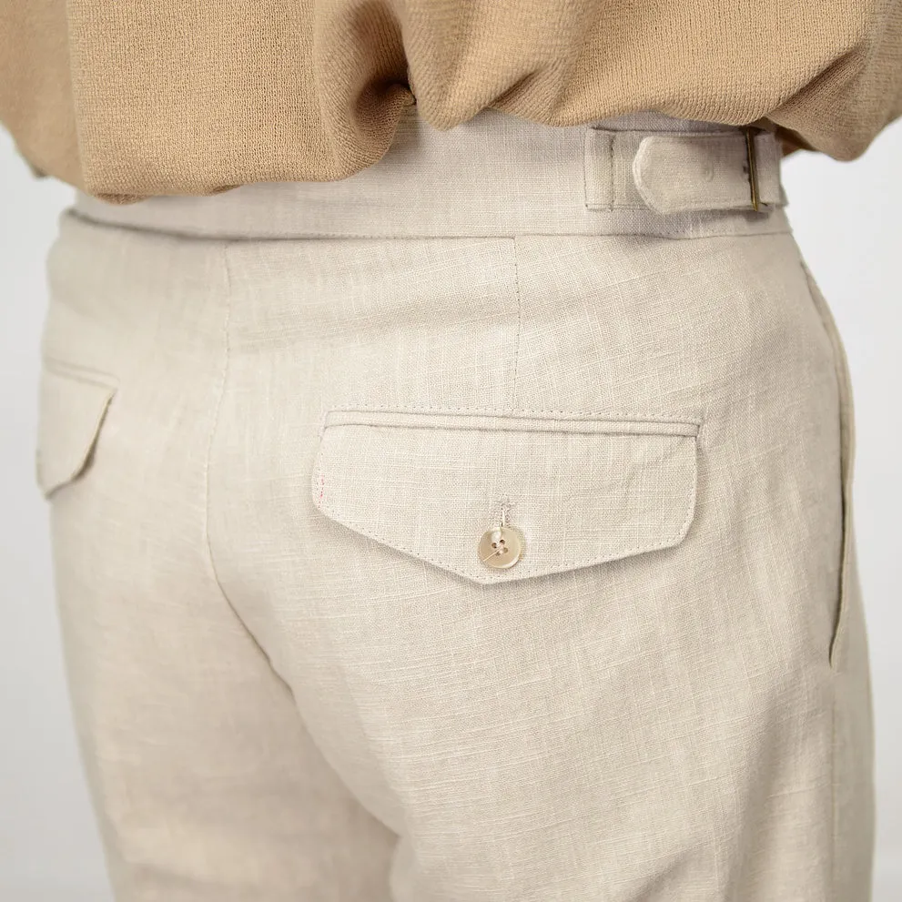 Beige Linen Two Tucked High Waist Trousers Mens Relaxed Pleated Pants