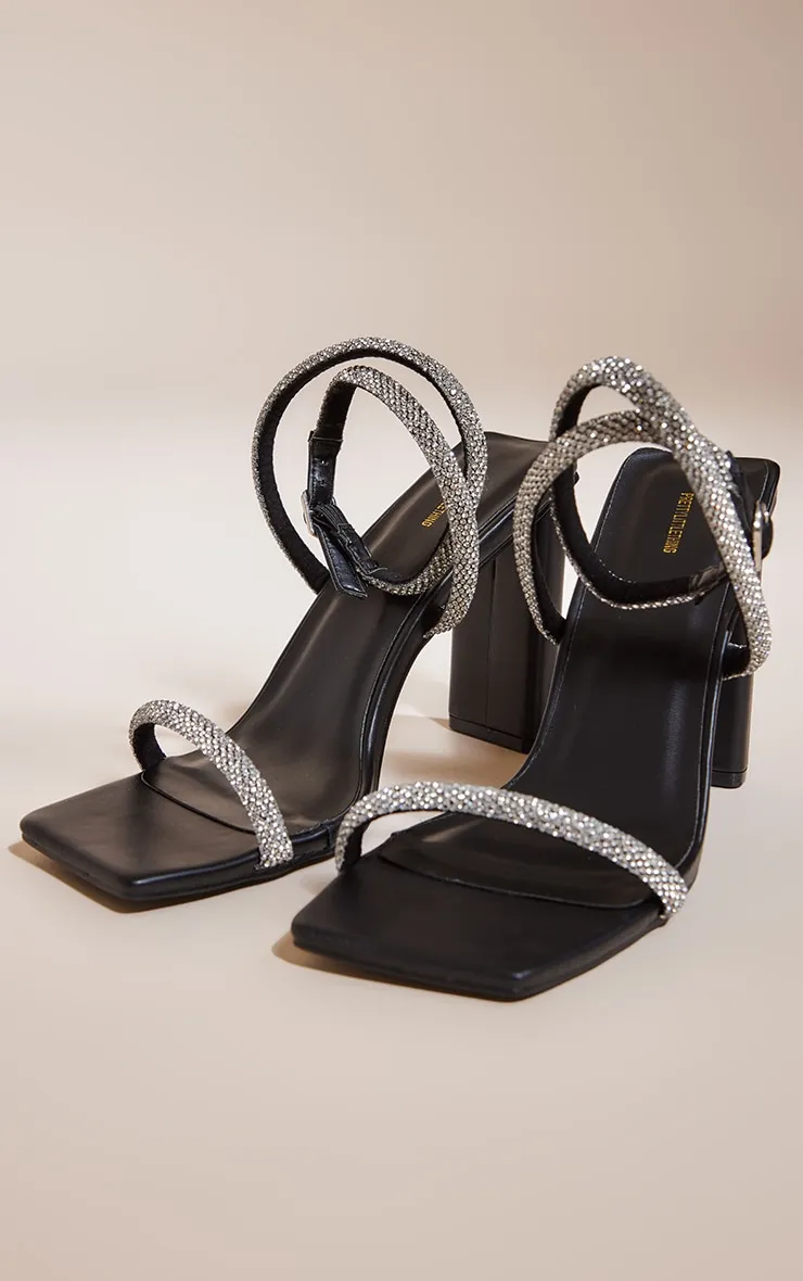 Black Square Toe Diamante Cross Over Strap Flat High Heeled Sandals