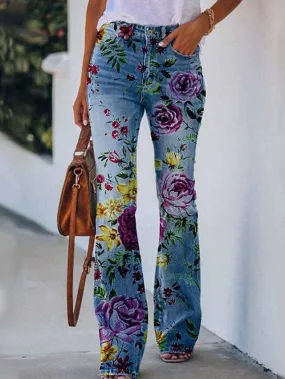 Floral Print Bootcut Flared Pants for Women - Elastic Grey XXL