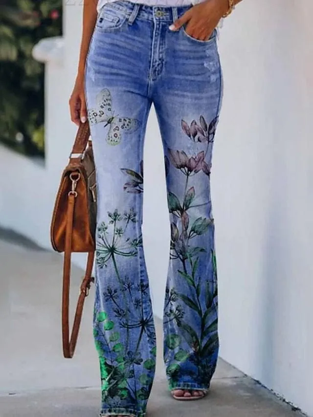 Floral Print Bootcut Flared Pants for Women - Elastic Grey XXL