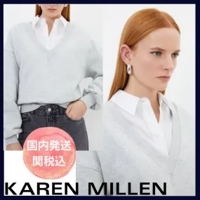 Karen Millen  |V-Neck Long Sleeves Plain Hoodies & Sweatshirts