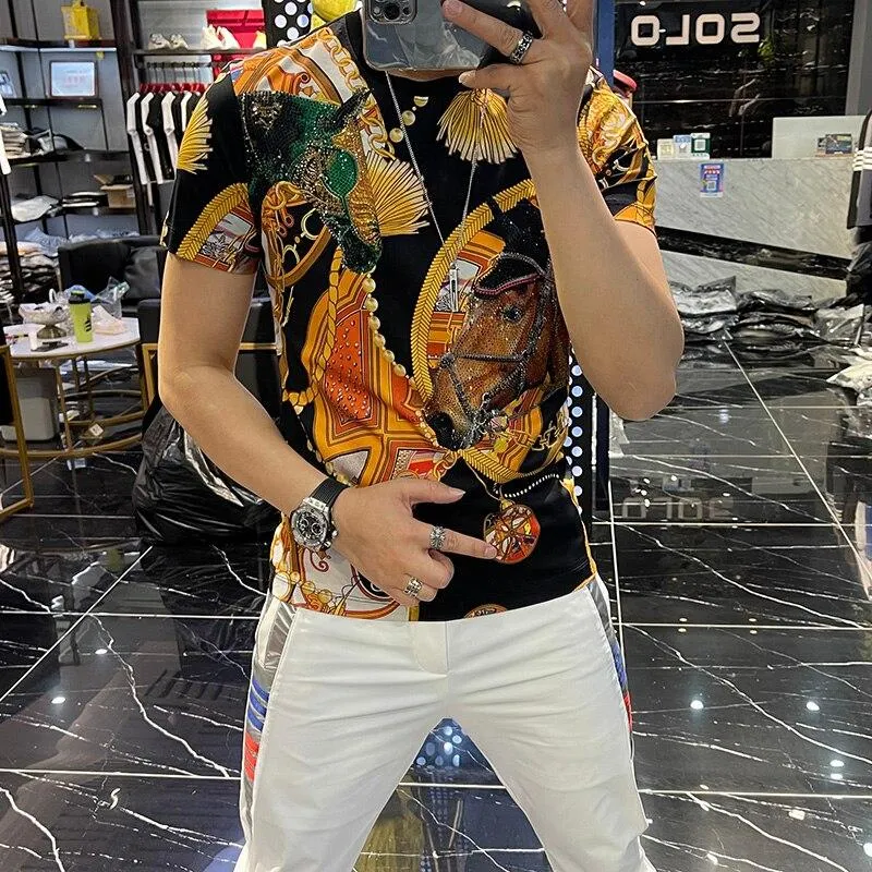 Korean Men's Animal Tide Printed Rhinestones Short Sleeves Slim-fit T-shirt