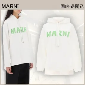 MARNI  |Long Sleeves Plain Cotton Logo Hoodies & Sweatshirts