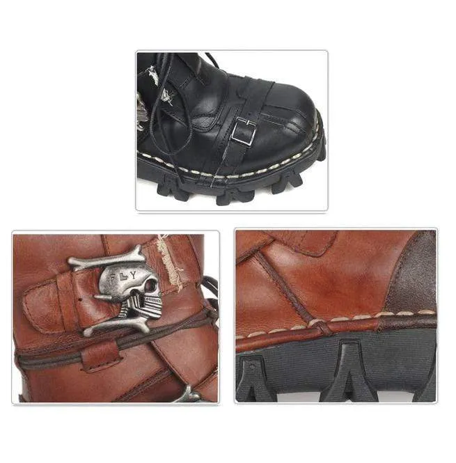 Men's Punk Skull Straps Cowhide Leather Boots