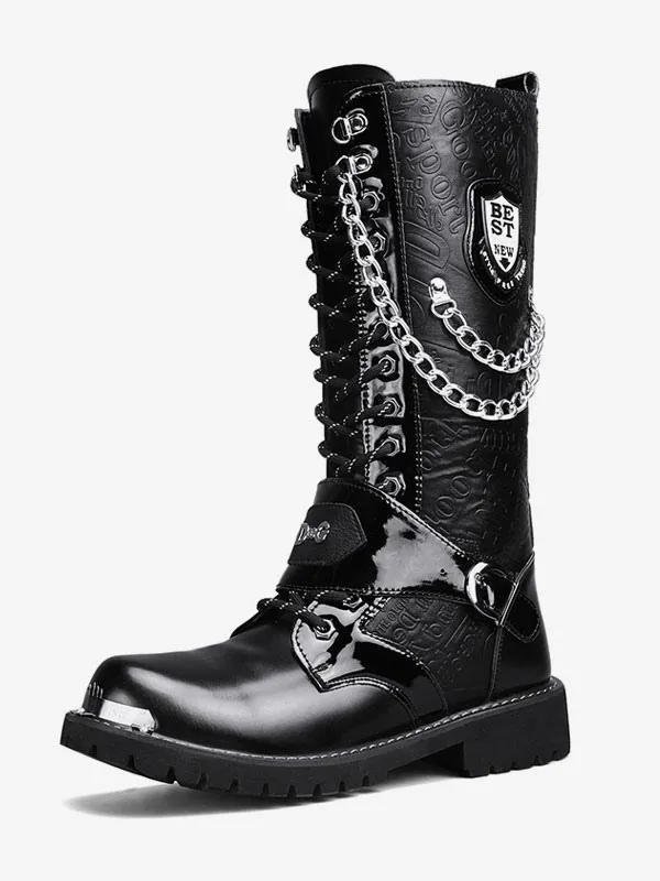 Men's Work Knee High Boots Round Toe Combat Boots Buckles Mental Chains Steampunk Boots