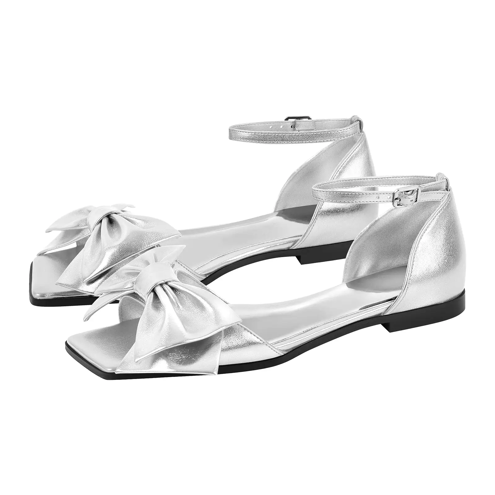 Metallic Bow Peep Toe Buckle Strap Flats