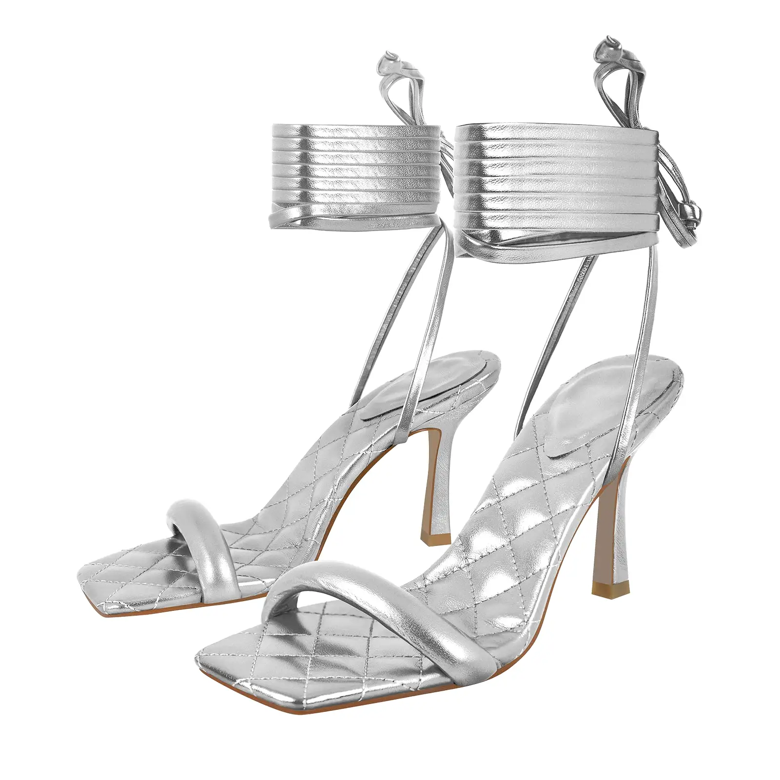 Metallic Leather Square Toe High Heels Sandals