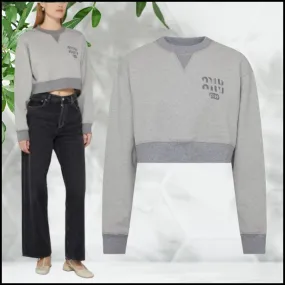 MiuMiu  |Crew Neck Long Sleeves Plain Cotton Logo