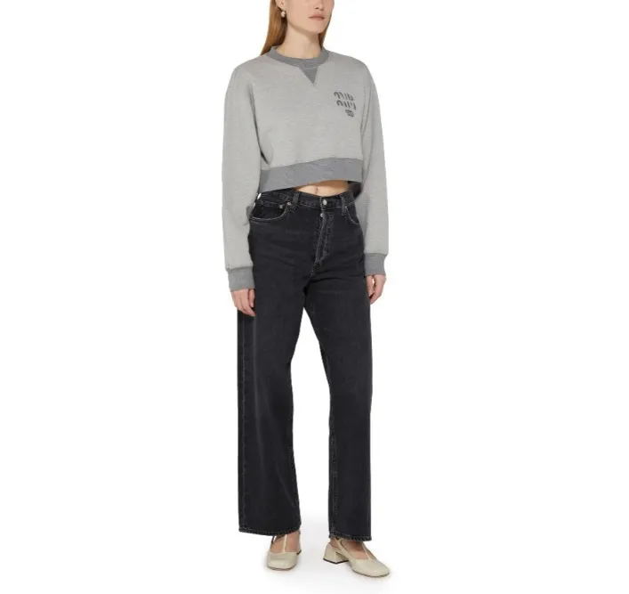 MiuMiu  |Crew Neck Long Sleeves Plain Cotton Logo