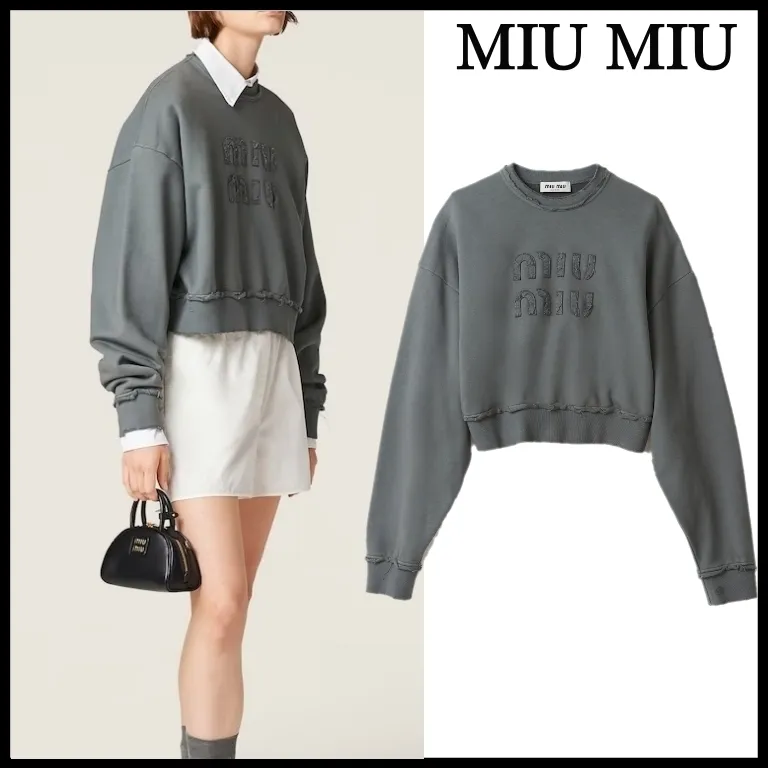 MiuMiu  |Long Sleeves Plain Cotton Logo Hoodies & Sweatshirts