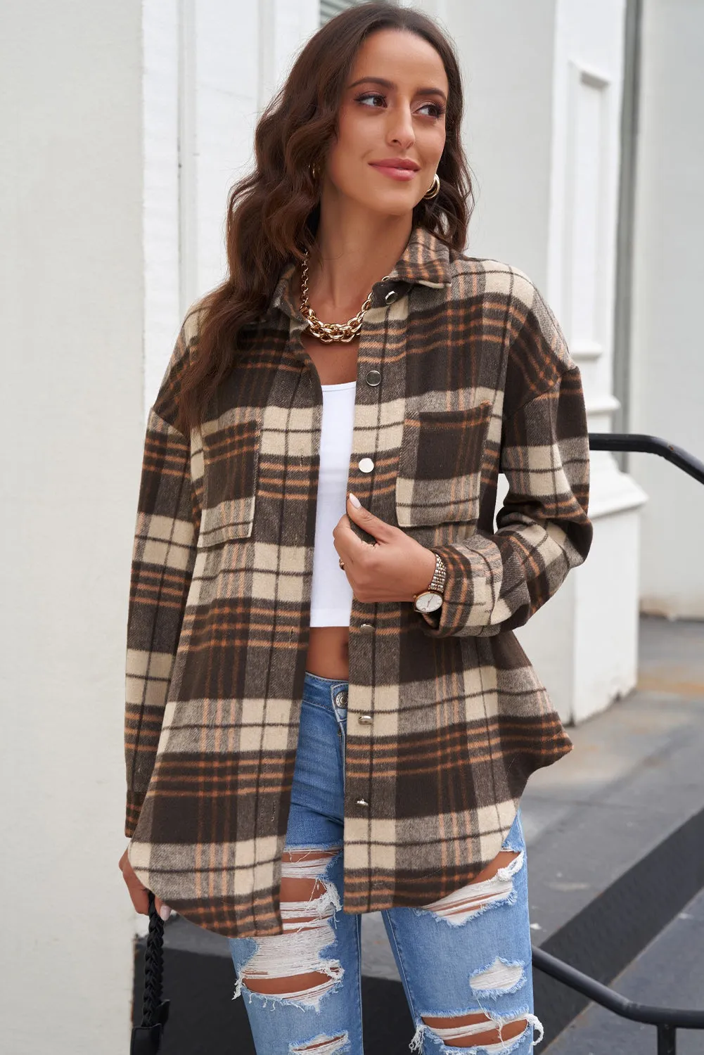 Plaid Curved Hem Dropped Shoulder Longline Shirt Jacket