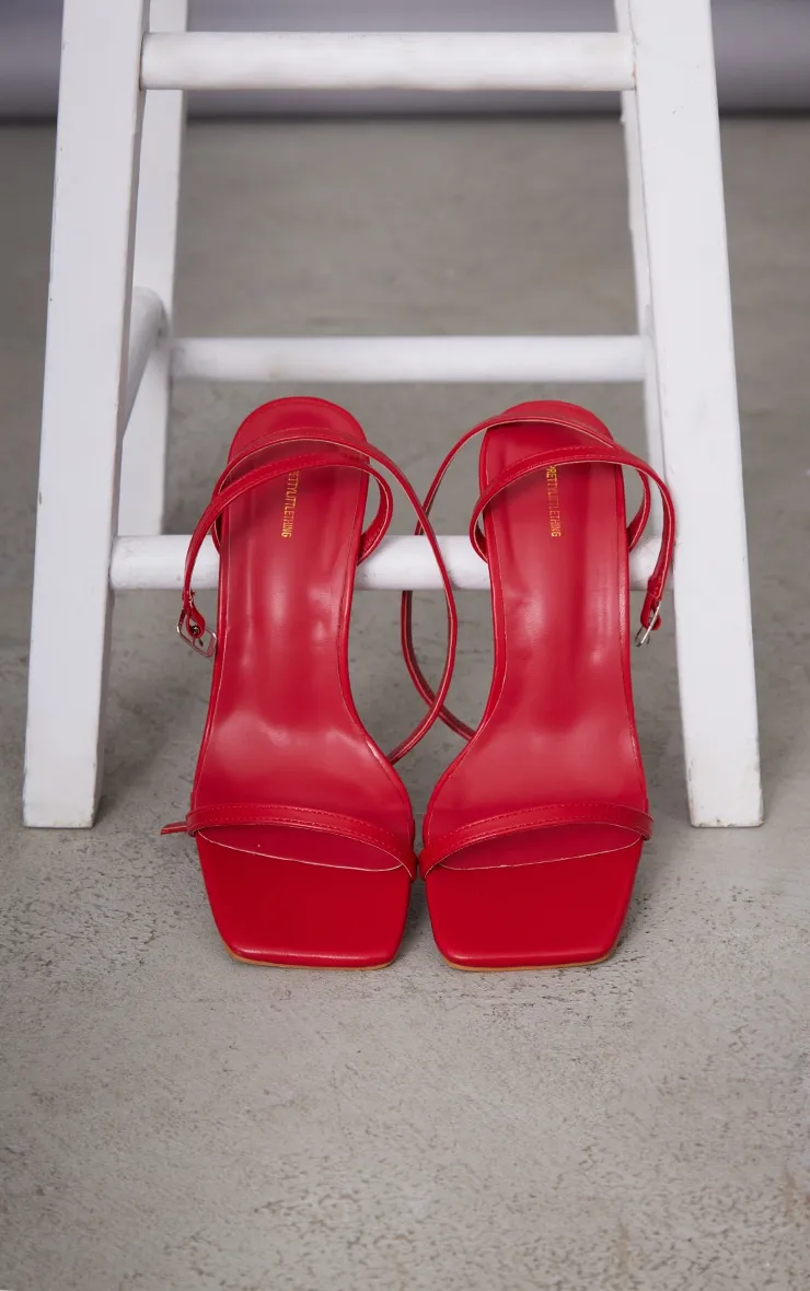 Red Pu Square Toe Barely There Mid Heeled Sandals