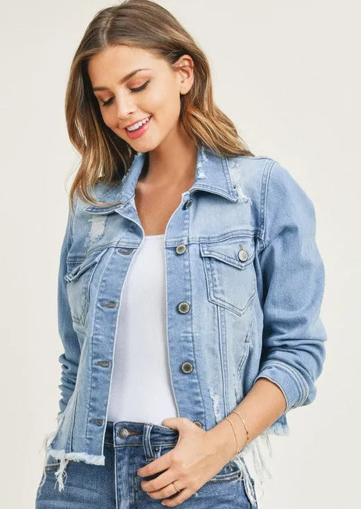 Risen Light Wash Destructed Frayed Hem Denim Jacket