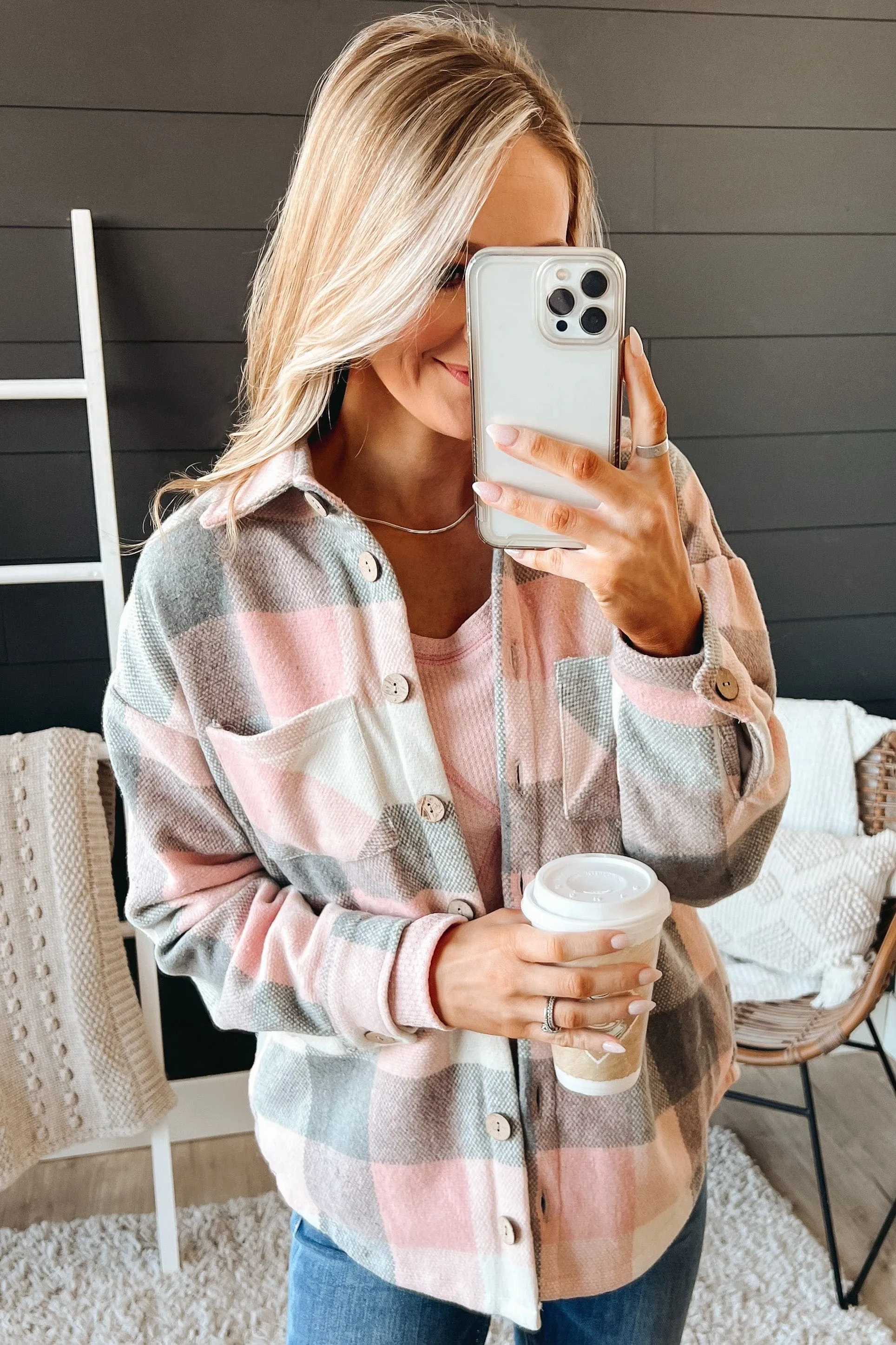 Sway To The Music Plaid Jacket- Pink & Grey