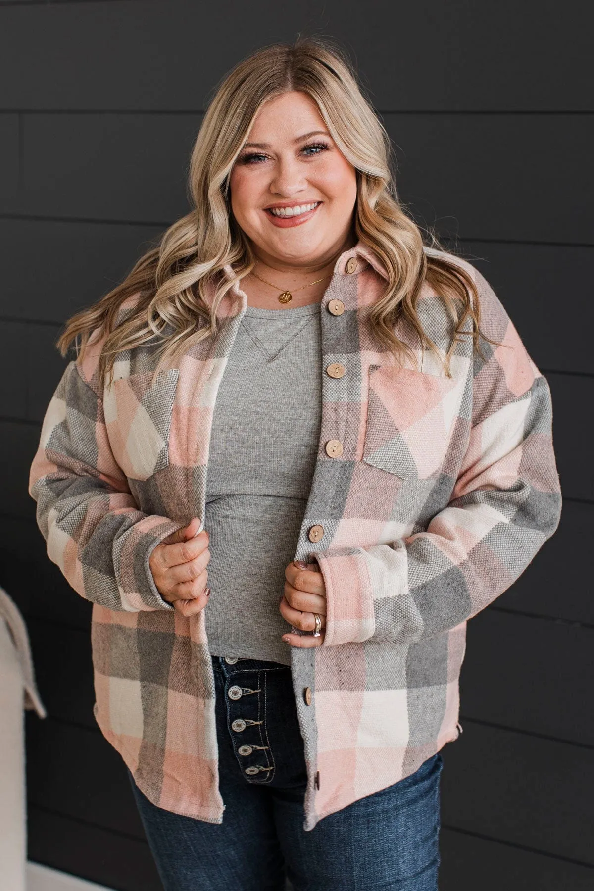 Sway To The Music Plaid Jacket- Pink & Grey