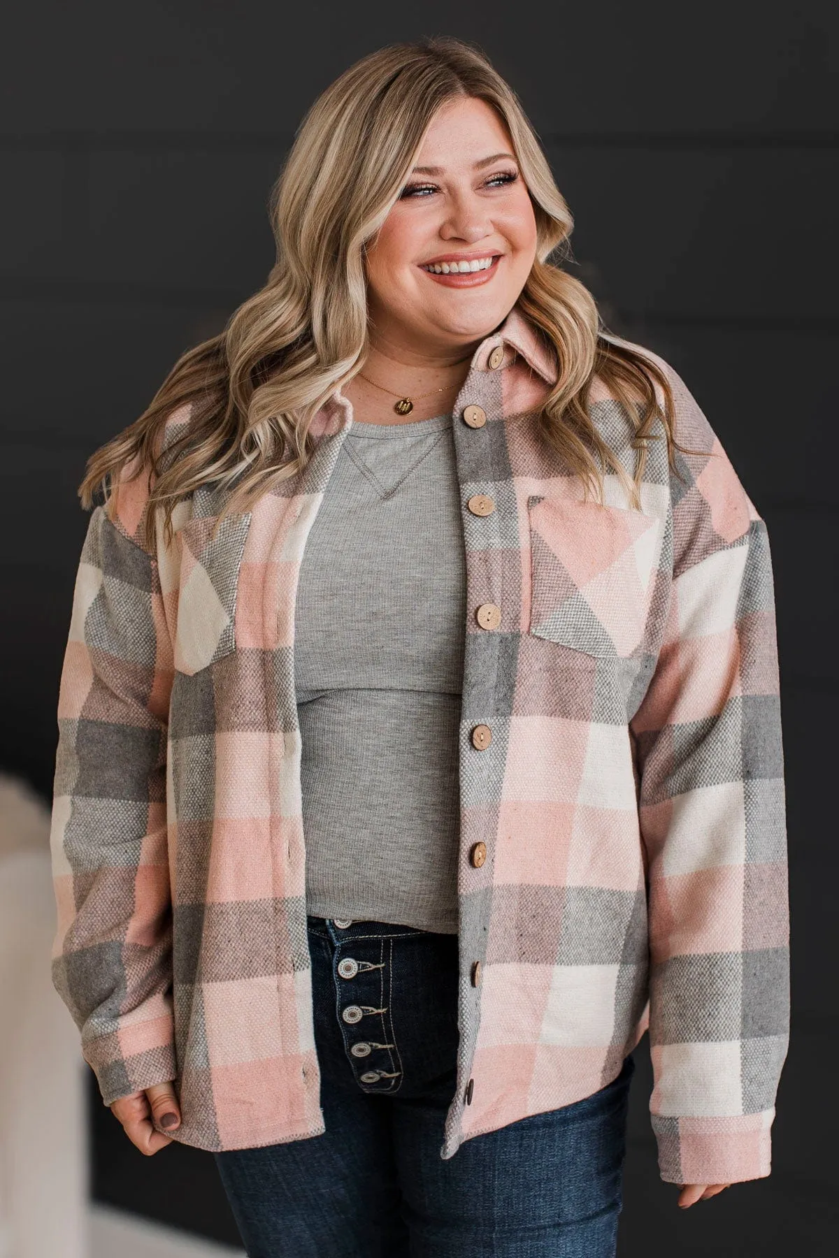 Sway To The Music Plaid Jacket- Pink & Grey