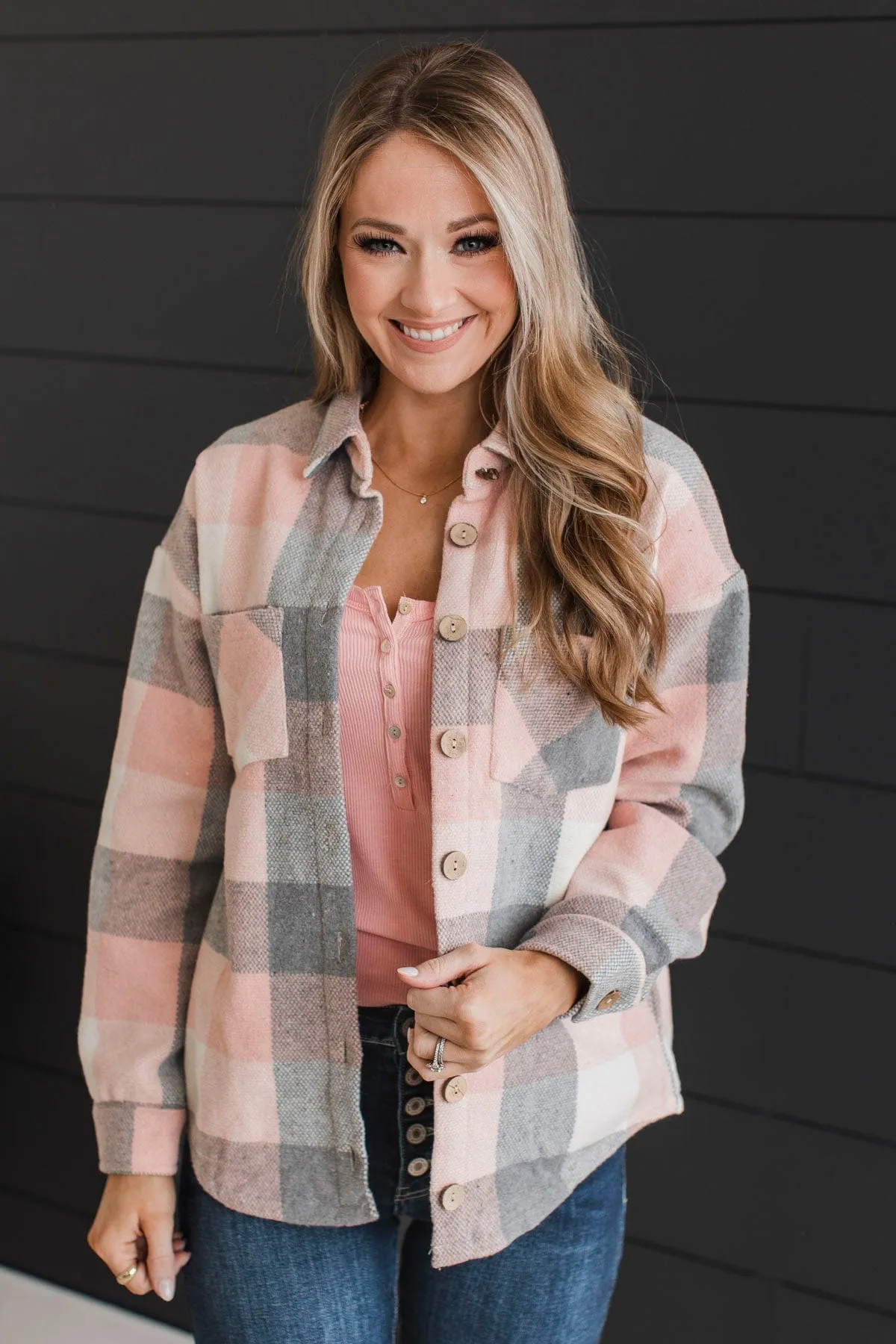 Sway To The Music Plaid Jacket- Pink & Grey