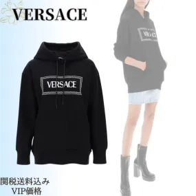 VERSACE  |Sweat Long Sleeves Plain Cotton Logo Hoodies & Sweatshirts